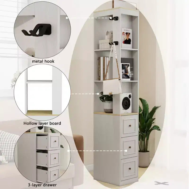 Meuble de rangement haut et étroit de 73 po, meuble de rangement multimédia à 3 niveaux avec 3 tiroirs et 2 crochets, étagères de rangement, cube CD, DVD, console de jeux
