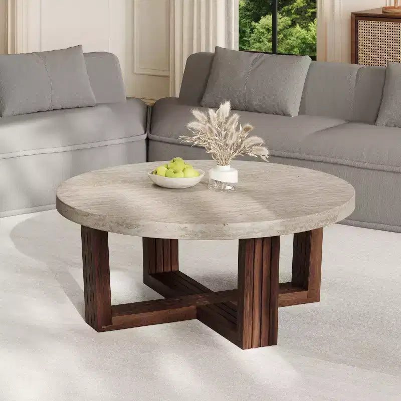 31.5 Round Coffee Table, Marble Pattern Top & Cross Brown Wood Base, Modern Living Room Center Table Accent Table - ModernLuxe