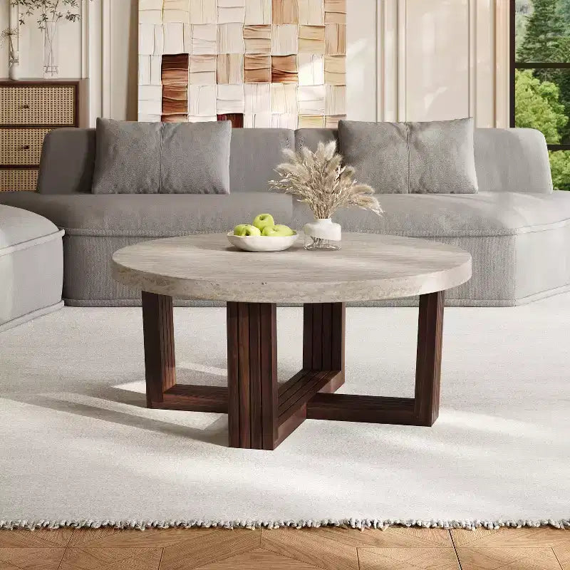 Table basse ronde de 31,5 po, plateau en motif marbre et base en bois brun entrecroisé, table d'appoint de salon moderne - ModernLuxe