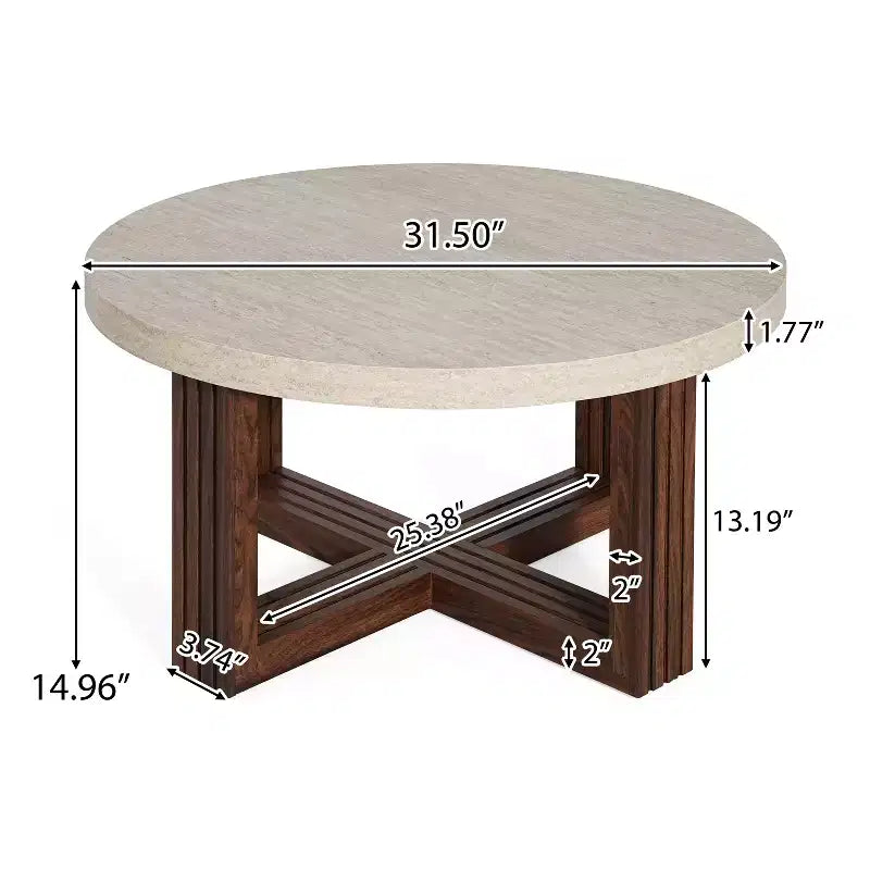 Table basse ronde de 31,5 po, plateau en motif marbre et base en bois brun entrecroisé, table d'appoint de salon moderne - ModernLuxe