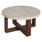 Table basse ronde de 31,5 po, plateau en motif marbre et base en bois brun entrecroisé, table d'appoint de salon moderne - ModernLuxe