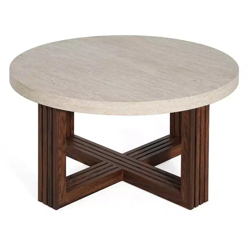 Table basse ronde de 31,5 po, plateau en motif marbre et base en bois brun entrecroisé, table d'appoint de salon moderne - ModernLuxe