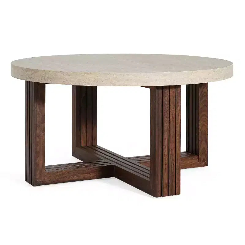 Table basse ronde de 31,5 po, plateau en motif marbre et base en bois brun entrecroisé, table d'appoint de salon moderne - ModernLuxe