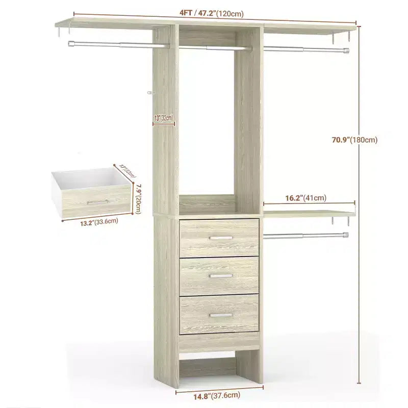 Besiost 4FT Closet Organizer System with Fabric Drawers, Small Wardrobe with Hanging Rods