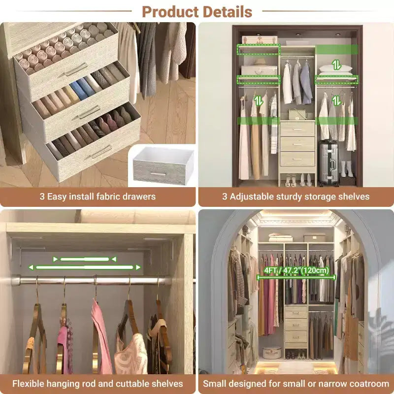 Besiost 4FT Closet Organizer System with Fabric Drawers, Small Wardrobe with Hanging Rods
