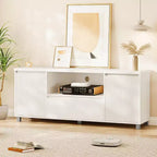 Meuble TV avec rangement, meuble TV nervuré pour téléviseur 60/65/70 pouces, meuble TV console multimédia moderne avec tiroir pour salon, chambre, blanc