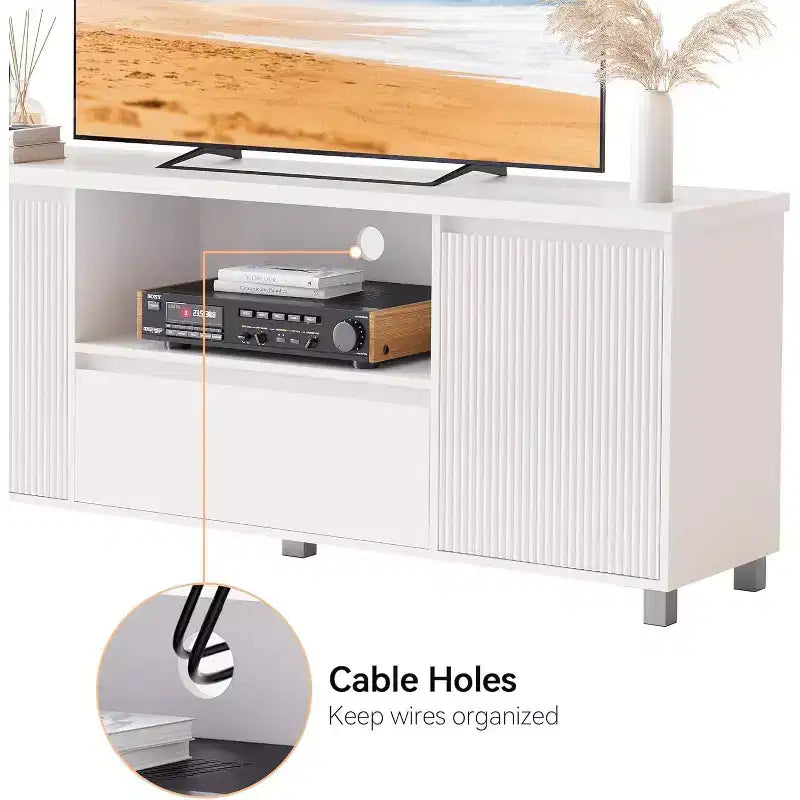 Meuble TV avec rangement, meuble TV nervuré pour téléviseur 60/65/70 pouces, meuble TV console multimédia moderne avec tiroir pour salon, chambre, blanc