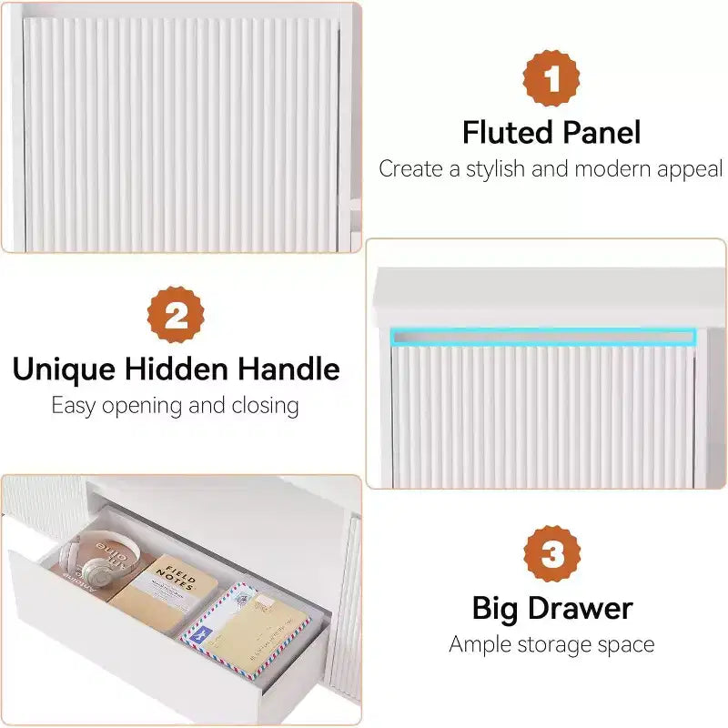 Meuble TV avec rangement, meuble TV nervuré pour téléviseur 60/65/70 pouces, meuble TV console multimédia moderne avec tiroir pour salon, chambre, blanc