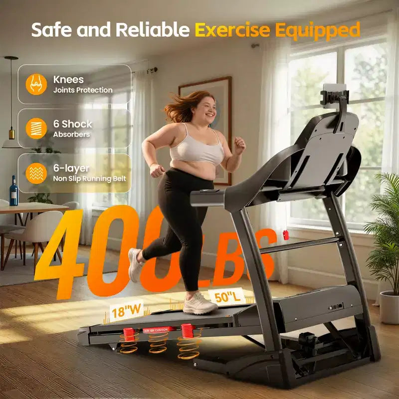 400lbs Capacity Treadmill, Folding Treadmill with 20%Incline, Electric Treadmill with APP Control, 0.6-12MPH, 64+3+3+1Programs, Shock Absorption