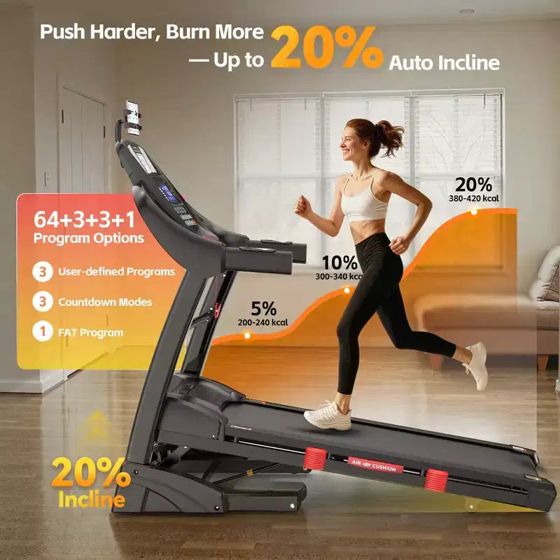 Tapis de course pour la maison, tapis roulant 5,1 CV avec inclinaison de 20 %, tapis de course avec capacité de poids de 180 kg, tapis roulant 19 km/h avec 64 programmes prédéfinis, maison, bureau et salle de sport