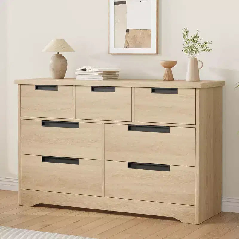 Commode double 7 tiroirs moderne avec poignées encastrées pour chambre à coucher ou chambre de bébé