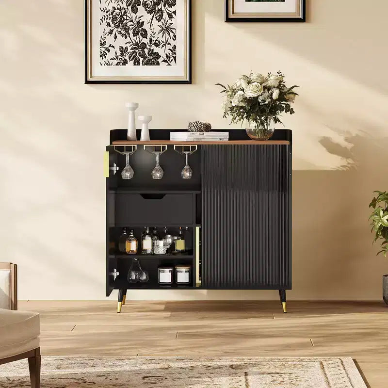 Black Small Sideboard Buffet Cabinet, Fluted Doors, Built-in Wine Rack for Dining or Living Room