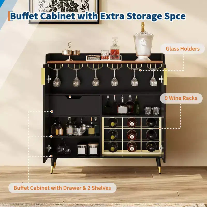 Black Small Sideboard Buffet Cabinet, Fluted Doors, Built-in Wine Rack for Dining or Living Room