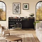 Black Small Sideboard Buffet Cabinet, Fluted Doors, Built-in Wine Rack for Dining or Living Room