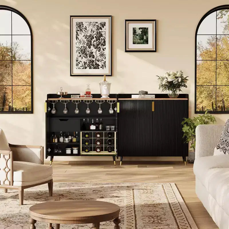 Black Small Sideboard Buffet Cabinet, Fluted Doors, Built-in Wine Rack for Dining or Living Room
