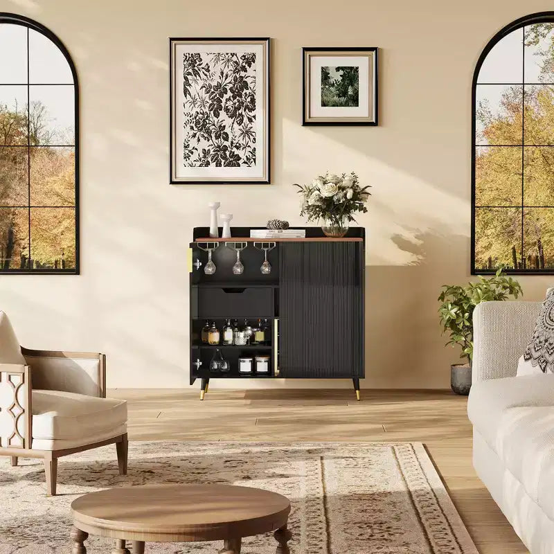 Black Small Sideboard Buffet Cabinet, Fluted Doors, Built-in Wine Rack for Dining or Living Room