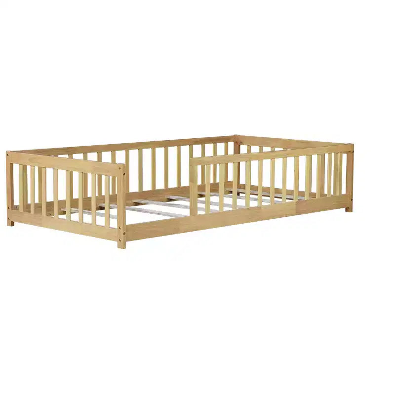 Bellemave Twin Size Montessori Floor Bed with Safety Fence, Kids Platform Bed with Guardrails, Solid Wood Frame, for Toddlers & Kids Bedroom
