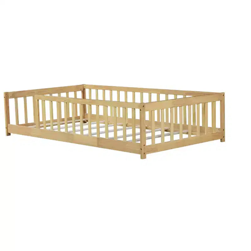 Bellemave Twin Size Montessori Floor Bed with Safety Fence, Kids Platform Bed with Guardrails, Solid Wood Frame, for Toddlers & Kids Bedroom