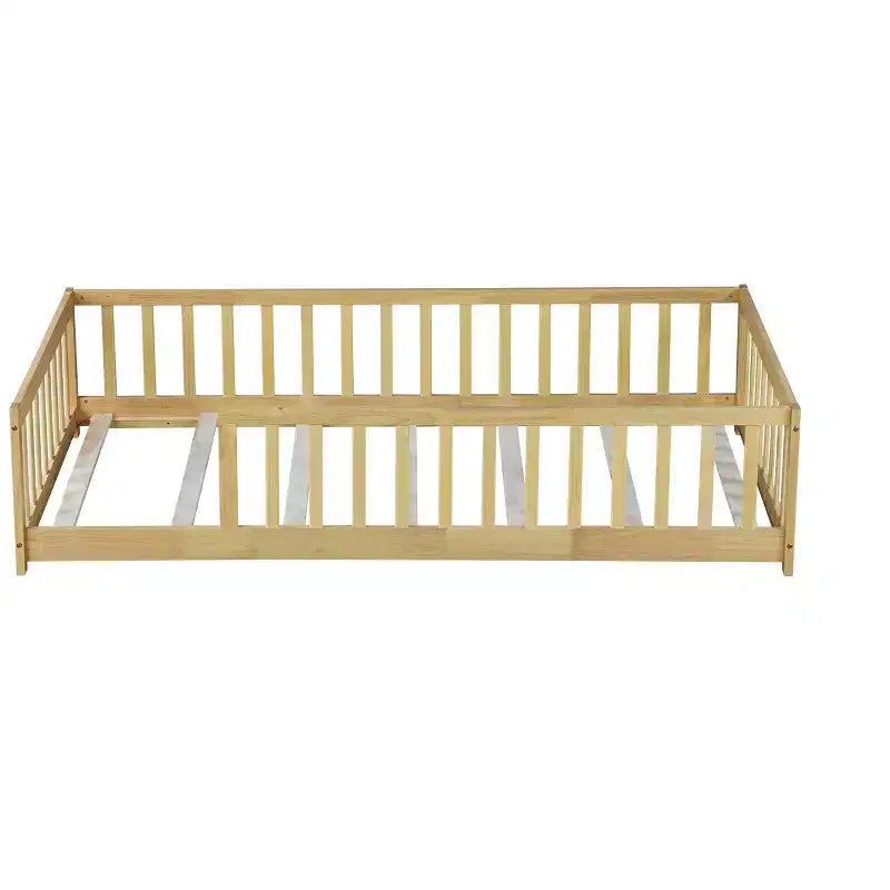 Bellemave Twin Size Montessori Floor Bed with Safety Fence, Kids Platform Bed with Guardrails, Solid Wood Frame, for Toddlers & Kids Bedroom