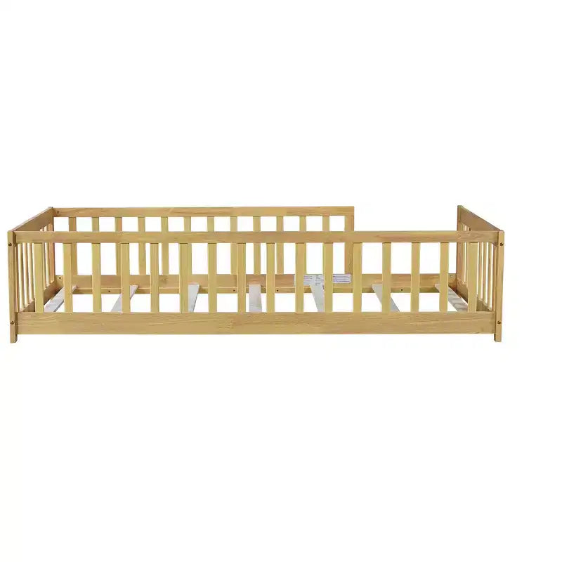 Bellemave Twin Size Montessori Floor Bed with Safety Fence, Kids Platform Bed with Guardrails, Solid Wood Frame, for Toddlers & Kids Bedroom