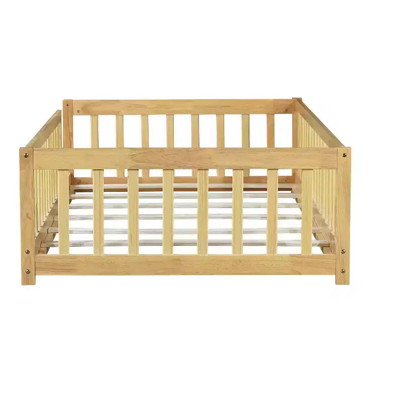 Bellemave Twin Size Montessori Floor Bed with Safety Fence, Kids Platform Bed with Guardrails, Solid Wood Frame, for Toddlers & Kids Bedroom