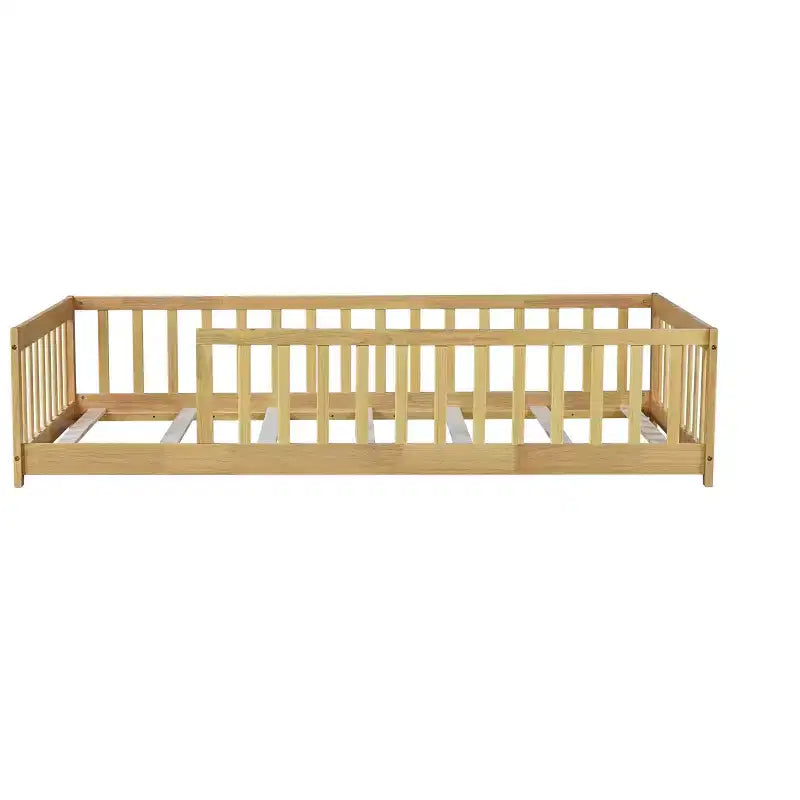 Bellemave Twin Size Montessori Floor Bed with Safety Fence, Kids Platform Bed with Guardrails, Solid Wood Frame, for Toddlers & Kids Bedroom