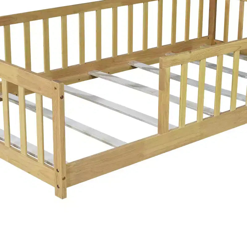Bellemave Twin Size Montessori Floor Bed with Safety Fence, Kids Platform Bed with Guardrails, Solid Wood Frame, for Toddlers & Kids Bedroom