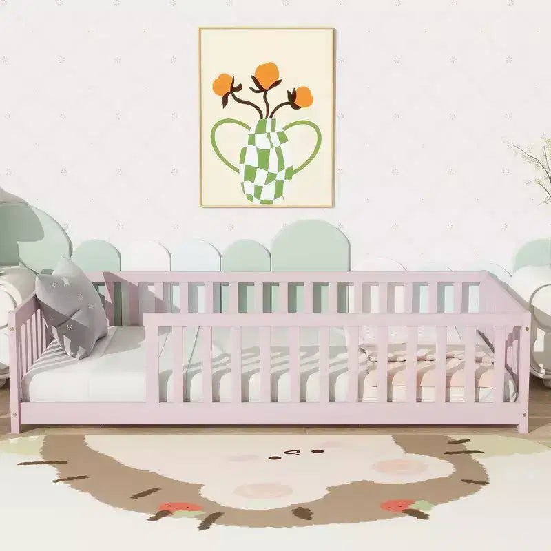 Bellemave Twin Size Montessori Floor Bed with Safety Fence, Kids Platform Bed with Guardrails, Solid Wood Frame, for Toddlers & Kids Bedroom