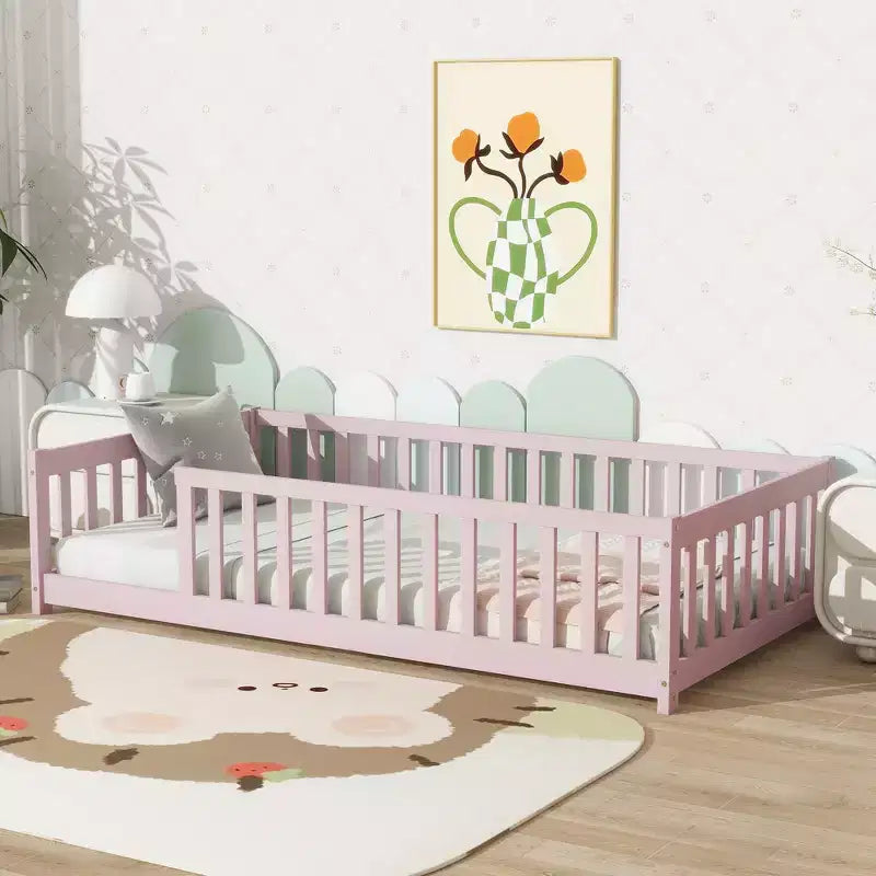 Bellemave Twin Size Montessori Floor Bed with Safety Fence, Kids Platform Bed with Guardrails, Solid Wood Frame, for Toddlers & Kids Bedroom