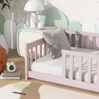 Bellemave Twin Size Montessori Floor Bed with Safety Fence, Kids Platform Bed with Guardrails, Solid Wood Frame, for Toddlers & Kids Bedroom