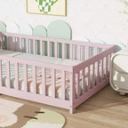 Bellemave Twin Size Montessori Floor Bed with Safety Fence, Kids Platform Bed with Guardrails, Solid Wood Frame, for Toddlers & Kids Bedroom