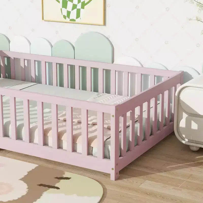 Bellemave Twin Size Montessori Floor Bed with Safety Fence, Kids Platform Bed with Guardrails, Solid Wood Frame, for Toddlers & Kids Bedroom
