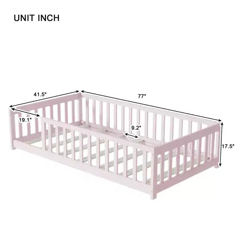Bellemave Twin Size Montessori Floor Bed with Safety Fence, Kids Platform Bed with Guardrails, Solid Wood Frame, for Toddlers & Kids Bedroom