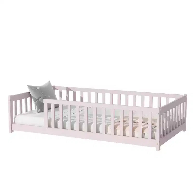 Bellemave Twin Size Montessori Floor Bed with Safety Fence, Kids Platform Bed with Guardrails, Solid Wood Frame, for Toddlers & Kids Bedroom