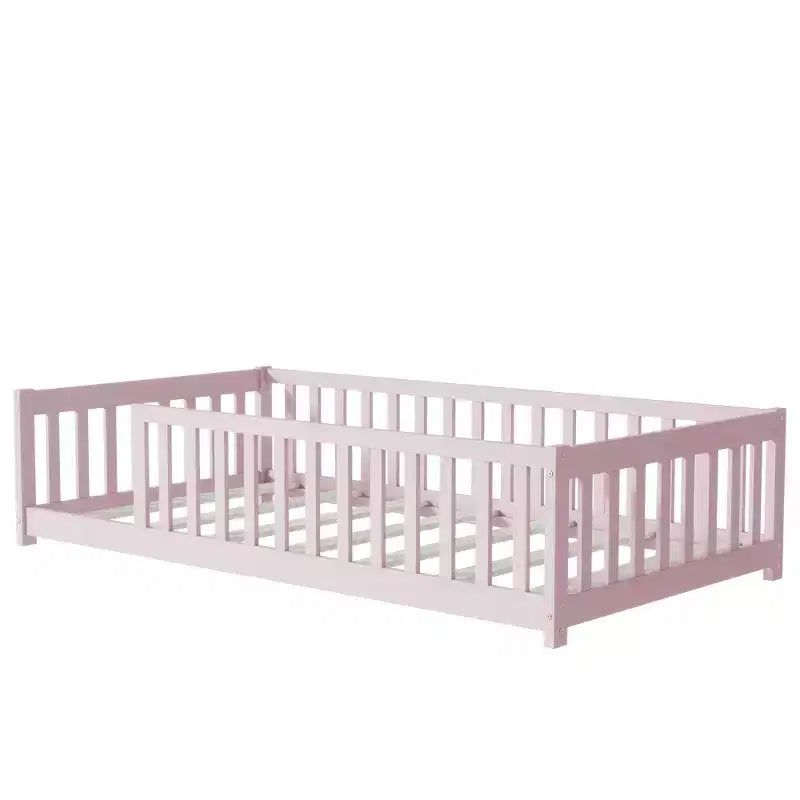 Bellemave Twin Size Montessori Floor Bed with Safety Fence, Kids Platform Bed with Guardrails, Solid Wood Frame, for Toddlers & Kids Bedroom
