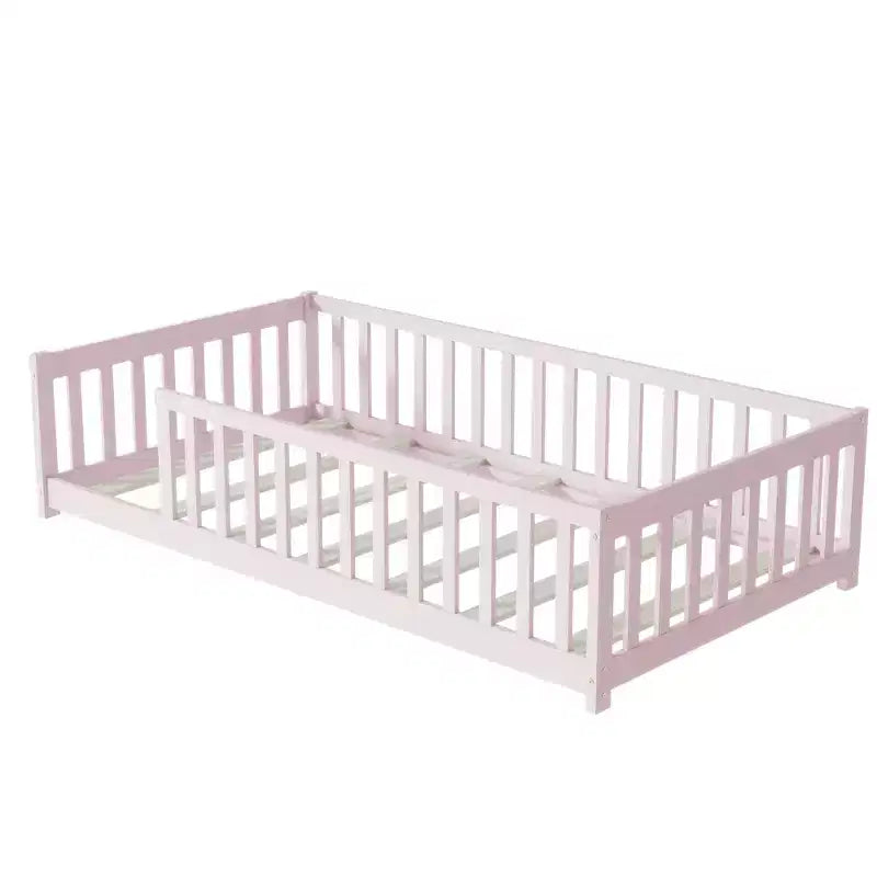 Bellemave Twin Size Montessori Floor Bed with Safety Fence, Kids Platform Bed with Guardrails, Solid Wood Frame, for Toddlers & Kids Bedroom