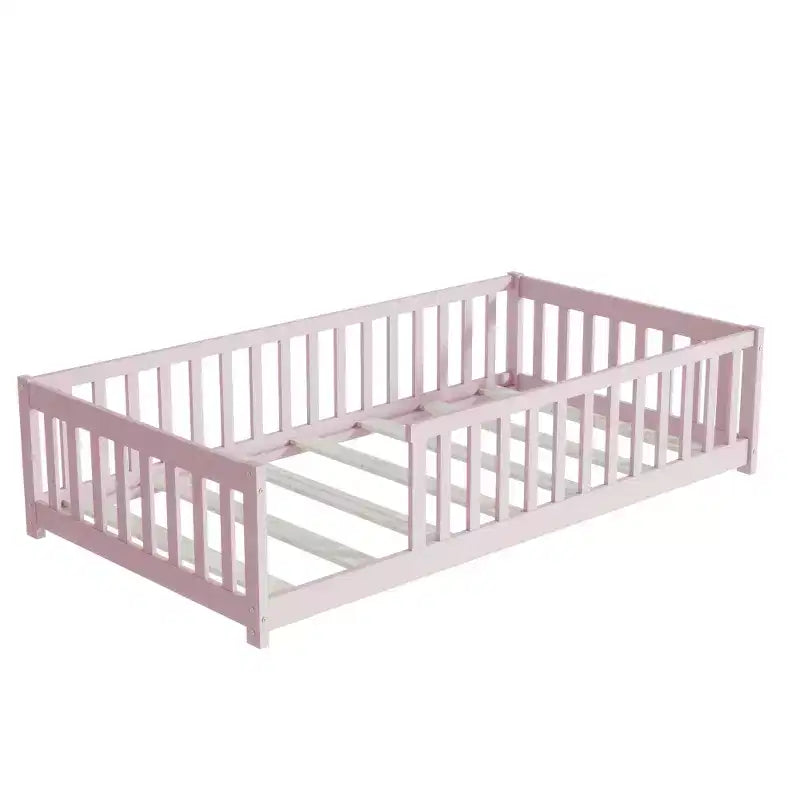 Bellemave Twin Size Montessori Floor Bed with Safety Fence, Kids Platform Bed with Guardrails, Solid Wood Frame, for Toddlers & Kids Bedroom