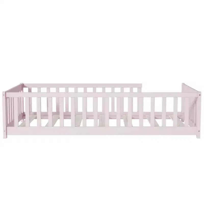 Bellemave Twin Size Montessori Floor Bed with Safety Fence, Kids Platform Bed with Guardrails, Solid Wood Frame, for Toddlers & Kids Bedroom