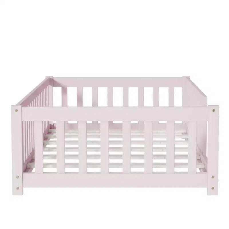 Bellemave Twin Size Montessori Floor Bed with Safety Fence, Kids Platform Bed with Guardrails, Solid Wood Frame, for Toddlers & Kids Bedroom