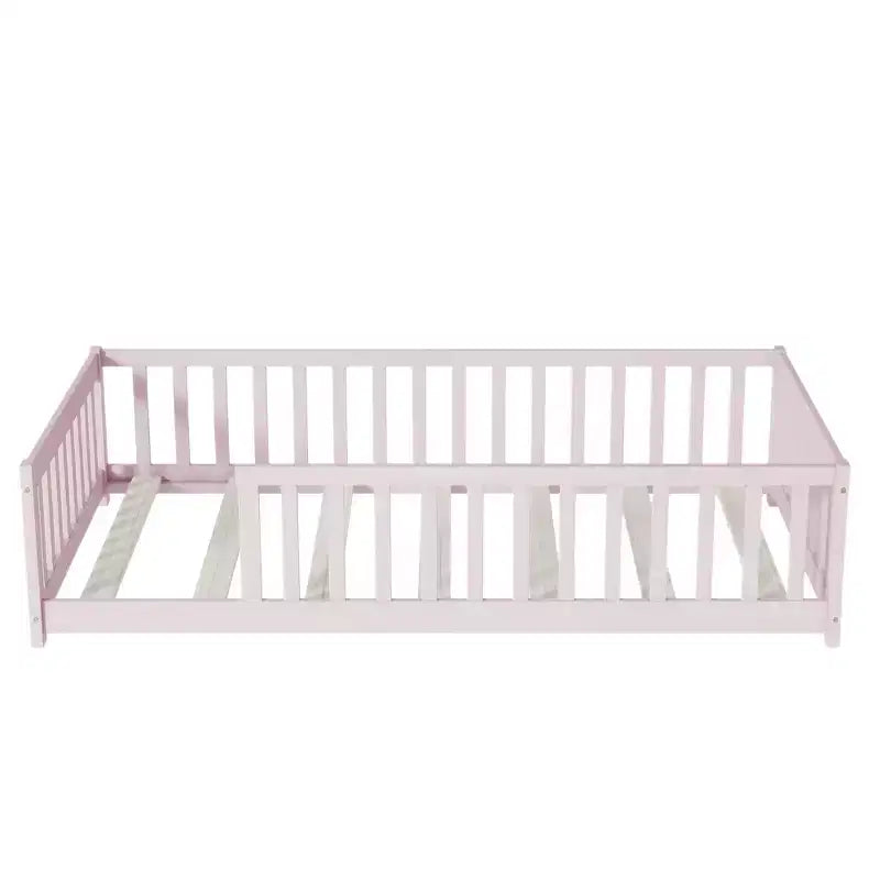 Bellemave Twin Size Montessori Floor Bed with Safety Fence, Kids Platform Bed with Guardrails, Solid Wood Frame, for Toddlers & Kids Bedroom