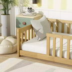 Bellemave Twin Size Montessori Floor Bed with Safety Fence, Kids Platform Bed with Guardrails, Solid Wood Frame, for Toddlers & Kids Bedroom