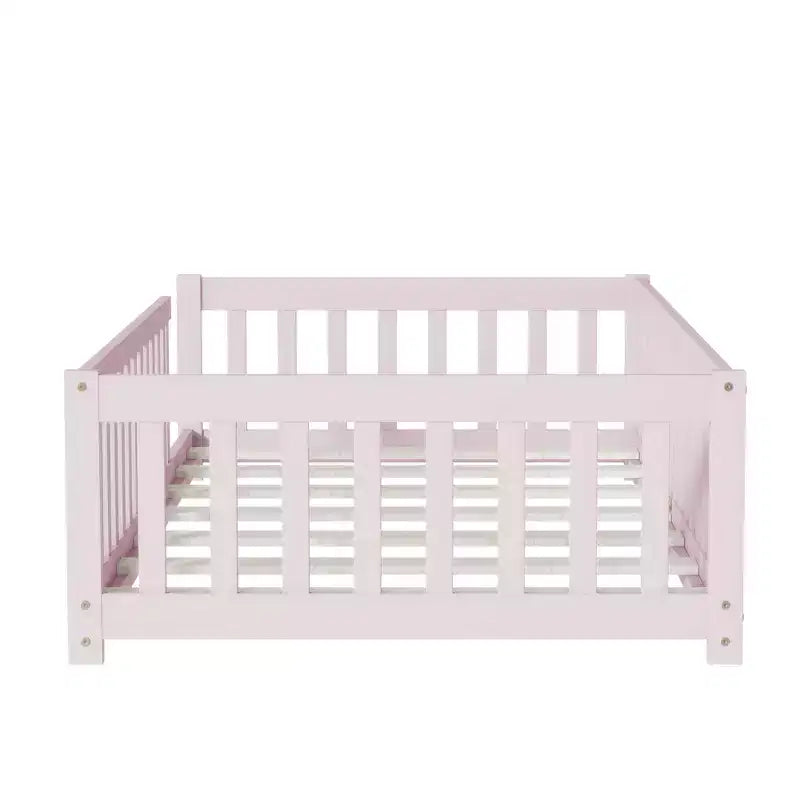Bellemave Twin Size Montessori Floor Bed with Safety Fence, Kids Platform Bed with Guardrails, Solid Wood Frame, for Toddlers & Kids Bedroom