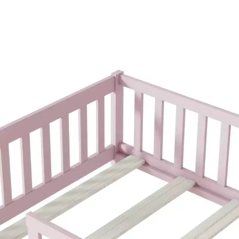 Bellemave Twin Size Montessori Floor Bed with Safety Fence, Kids Platform Bed with Guardrails, Solid Wood Frame, for Toddlers & Kids Bedroom