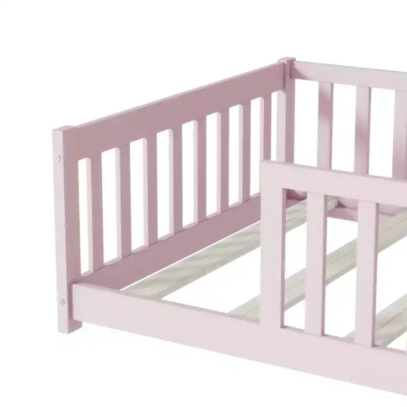 Bellemave Twin Size Montessori Floor Bed with Safety Fence, Kids Platform Bed with Guardrails, Solid Wood Frame, for Toddlers & Kids Bedroom