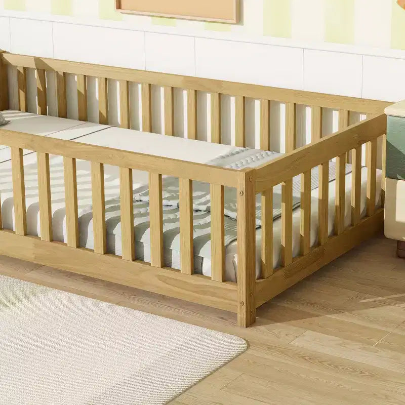 Bellemave Twin Size Montessori Floor Bed with Safety Fence, Kids Platform Bed with Guardrails, Solid Wood Frame, for Toddlers & Kids Bedroom