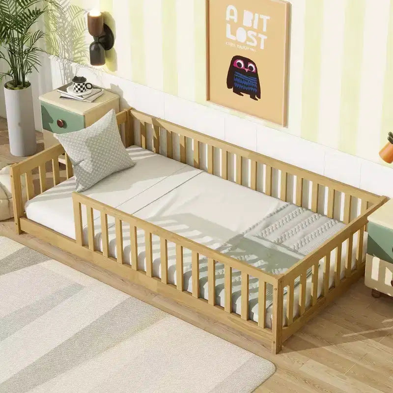 Bellemave Twin Size Montessori Floor Bed with Safety Fence, Kids Platform Bed with Guardrails, Solid Wood Frame, for Toddlers & Kids Bedroom