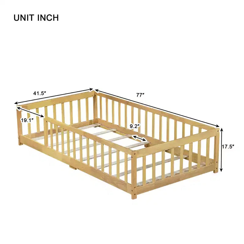 Bellemave Twin Size Montessori Floor Bed with Safety Fence, Kids Platform Bed with Guardrails, Solid Wood Frame, for Toddlers & Kids Bedroom