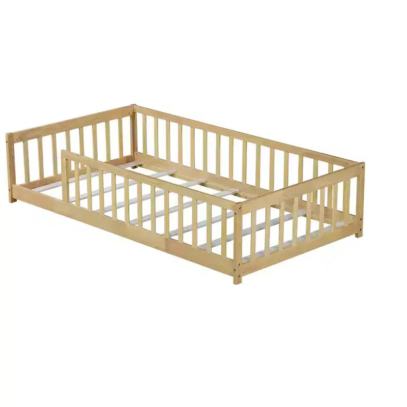Bellemave Twin Size Montessori Floor Bed with Safety Fence, Kids Platform Bed with Guardrails, Solid Wood Frame, for Toddlers & Kids Bedroom