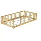 Bellemave Twin Size Montessori Floor Bed with Safety Fence, Kids Platform Bed with Guardrails, Solid Wood Frame, for Toddlers & Kids Bedroom