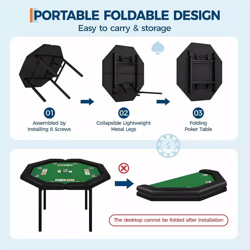 Table de poker pliable de 48 pouces pour 8 joueurs, table de jeu pliable portable avec accoudoirs rembourrés, porte-gobelets en acier inoxydable, pieds métalliques pliables